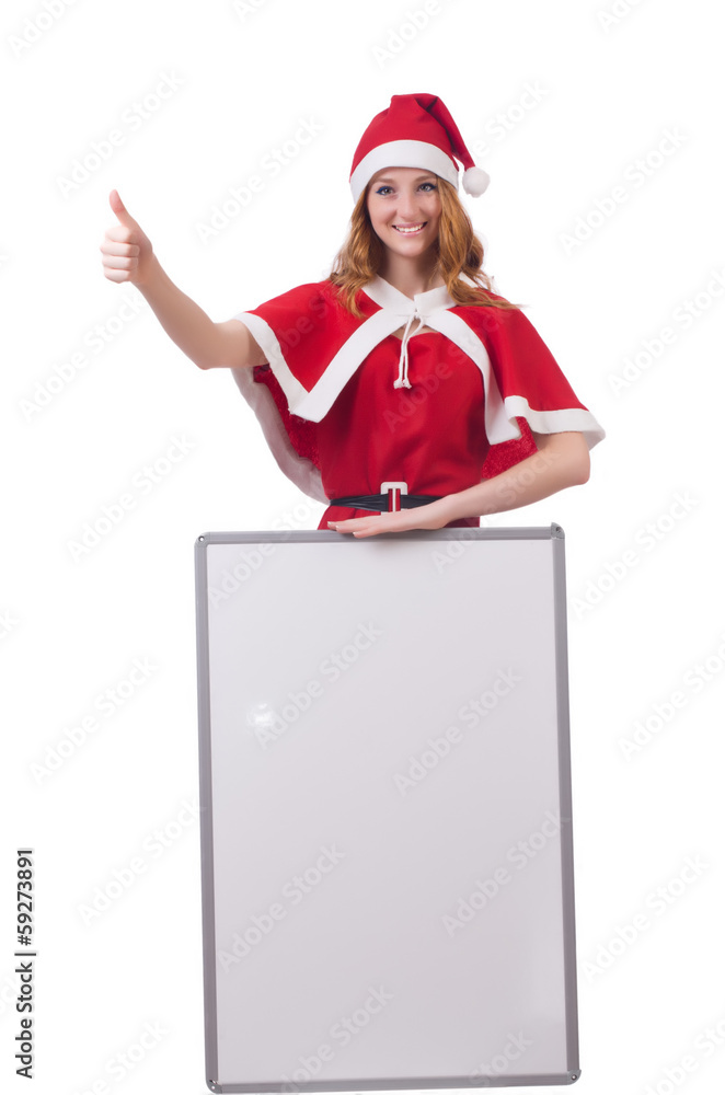 Young woman in red santa costume with blank board Young woman in red santa costume with blank board