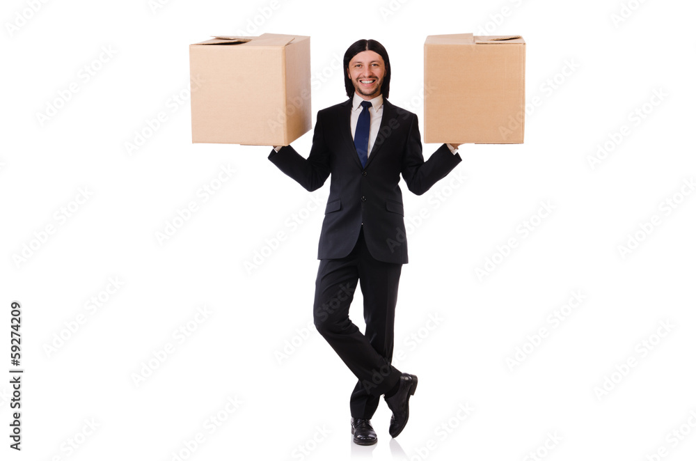 Funny man with boxes on white Funny man with boxes on white