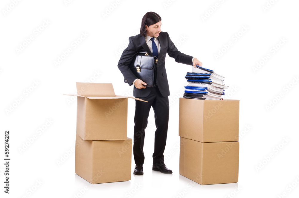 Man with boxes full of work Man with boxes full of work