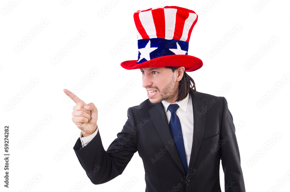 Man with american flag isolated on white Man with american flag isolated on white