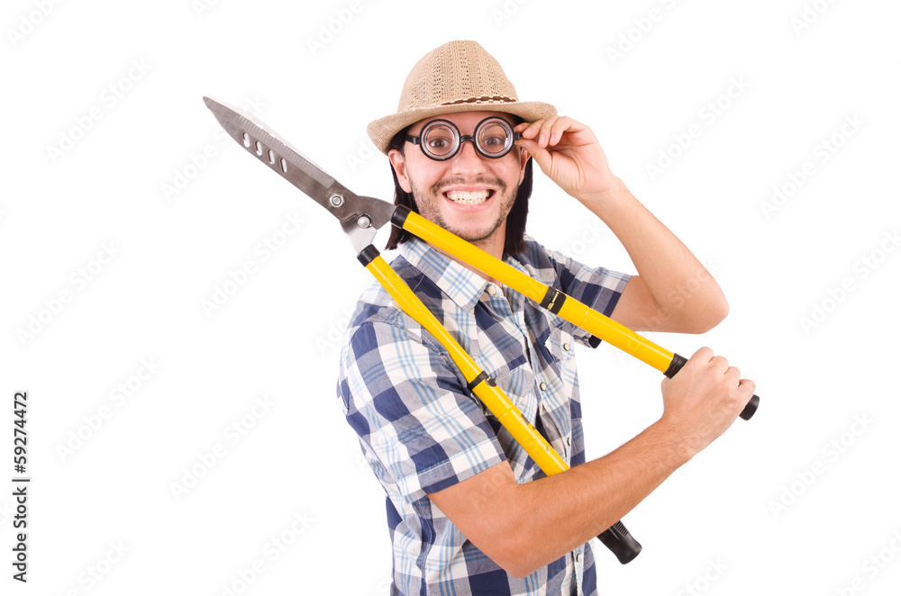 Funny guy with garden shears on white Funny guy with garden shears on white