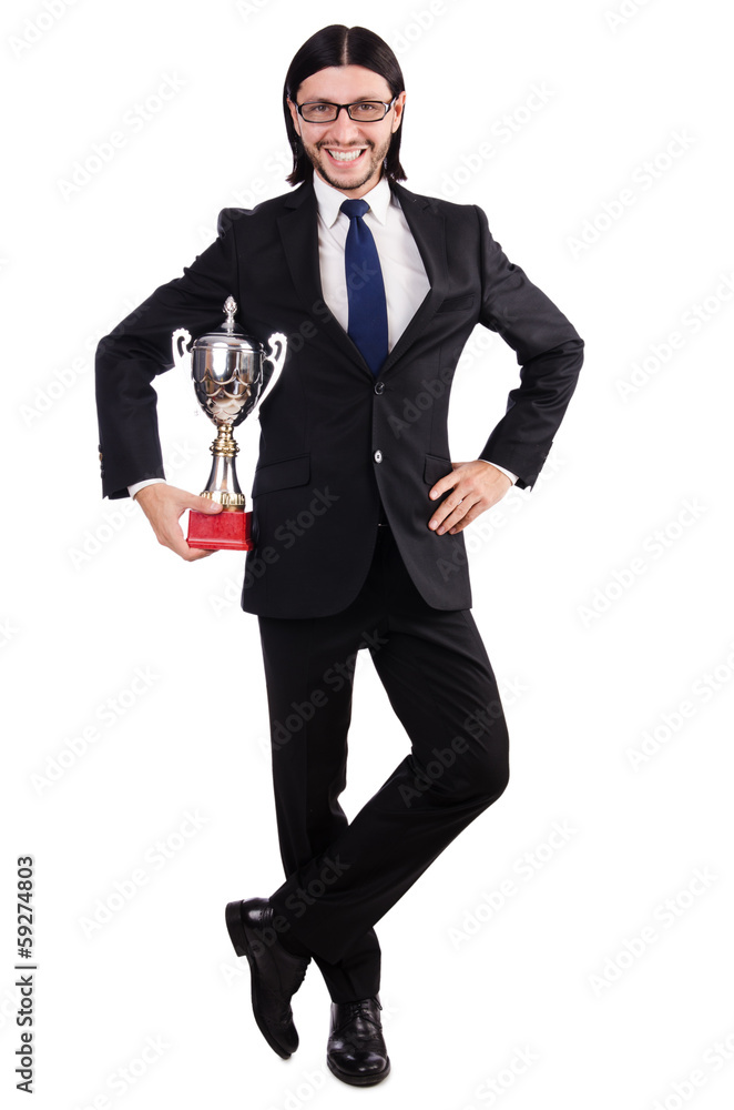 Businessman awarded with prize cup isolated on white Businessman awarded with prize cup isolated on white
