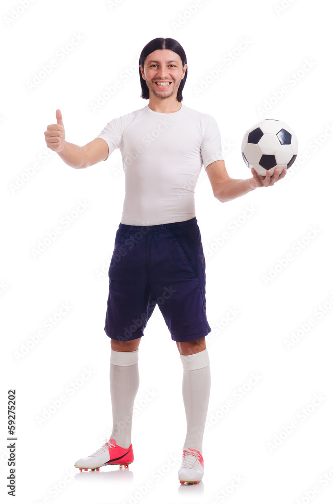 Young soccer football player on white