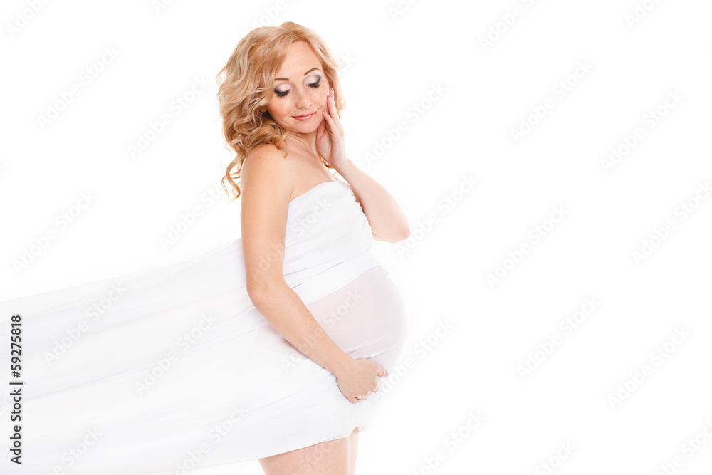pregnant woman caressing her belly over white background pregnant woman caressing her belly over white background