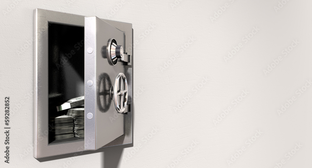 Open Safe On Wall With US Dollars Open Safe On Wall With US Dollars