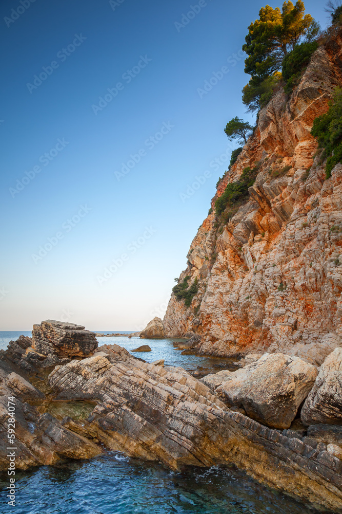 Red coastal rocks with pine trees. Adriatic Sea, Montenegro Red coastal rocks with pine trees. Adriatic Sea, Montenegro