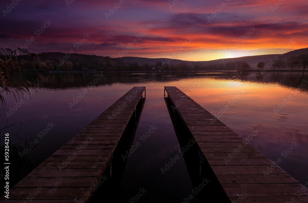 Mystical Landscape, two long pier at dawn