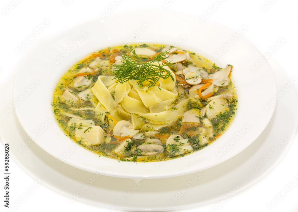 soup of vegetables and mushrooms in a restaurant soup of vegetables and mushrooms in a restaurant