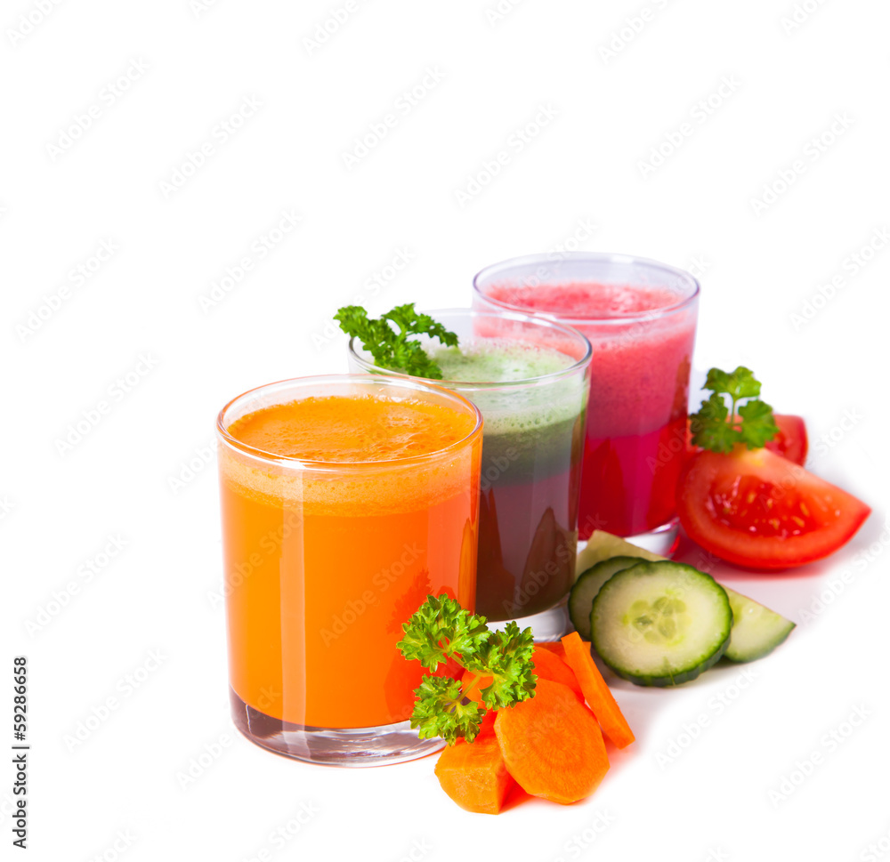 Fresh juice, mix fruits and vegetable isolated on white Fresh juice, mix fruits and vegetable isolated on white