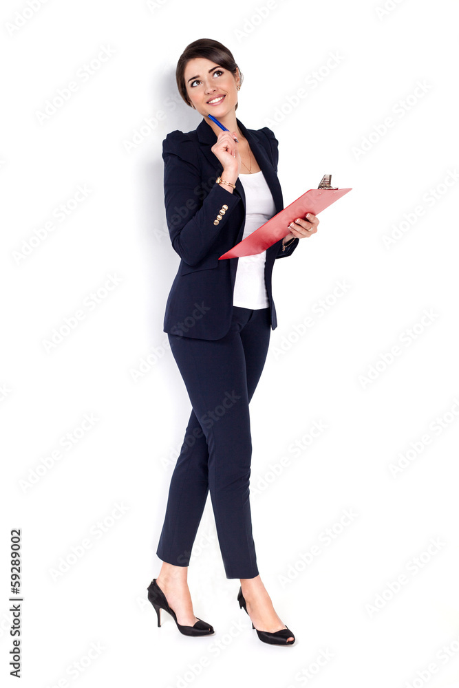 Happy business woman with red folder on white background Happy business woman with red folder on white background