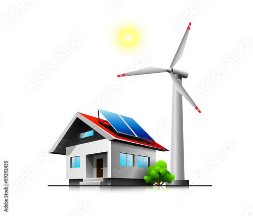 Sustainable family house with solar panels and wind turbine