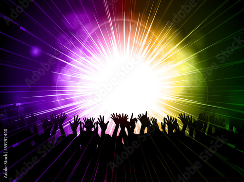 party crowd on purple and green background