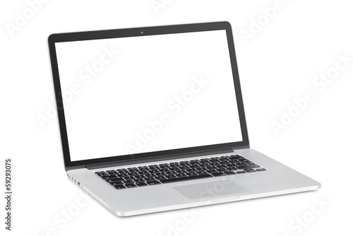 laptop with tilted back white monitor mockup photo