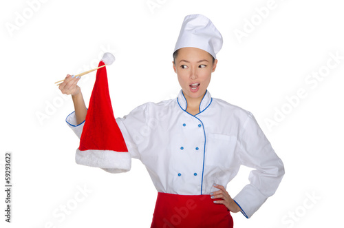 Chef holding chopsticks Christmas cap