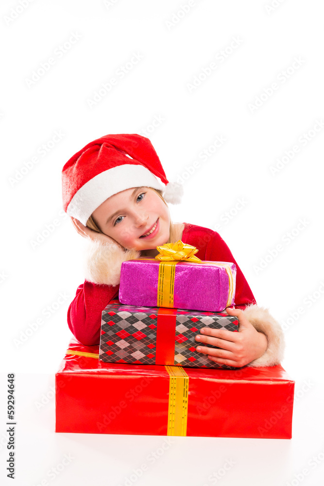 Christmas Santa kid girl happy excited with ribbon gifts Christmas Santa kid girl happy excited with ribbon gifts