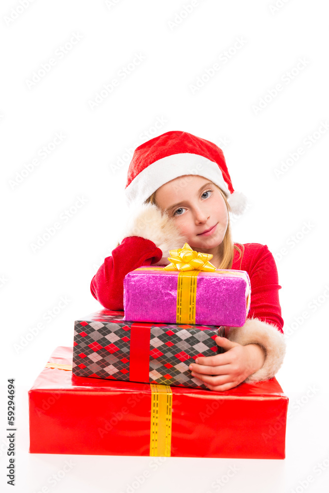 Christmas Santa kid girl happy excited with ribbon gifts Christmas Santa kid girl happy excited with ribbon gifts