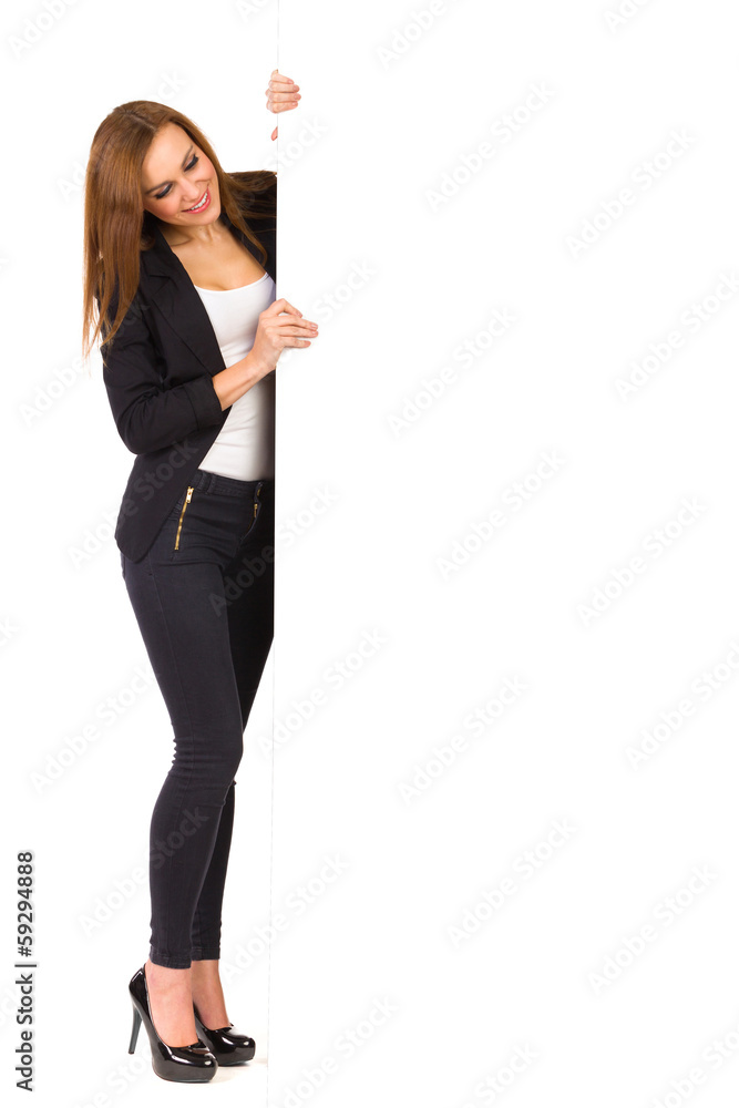 Elegance woman stands with blank banner. Elegance woman stands with blank banner.