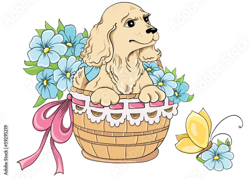 Cartoon puppy and bouquet of flowers in basket. Vector