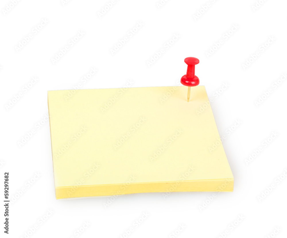 Blank yellow sticky note with red push pin Blank yellow sticky note with red push pin