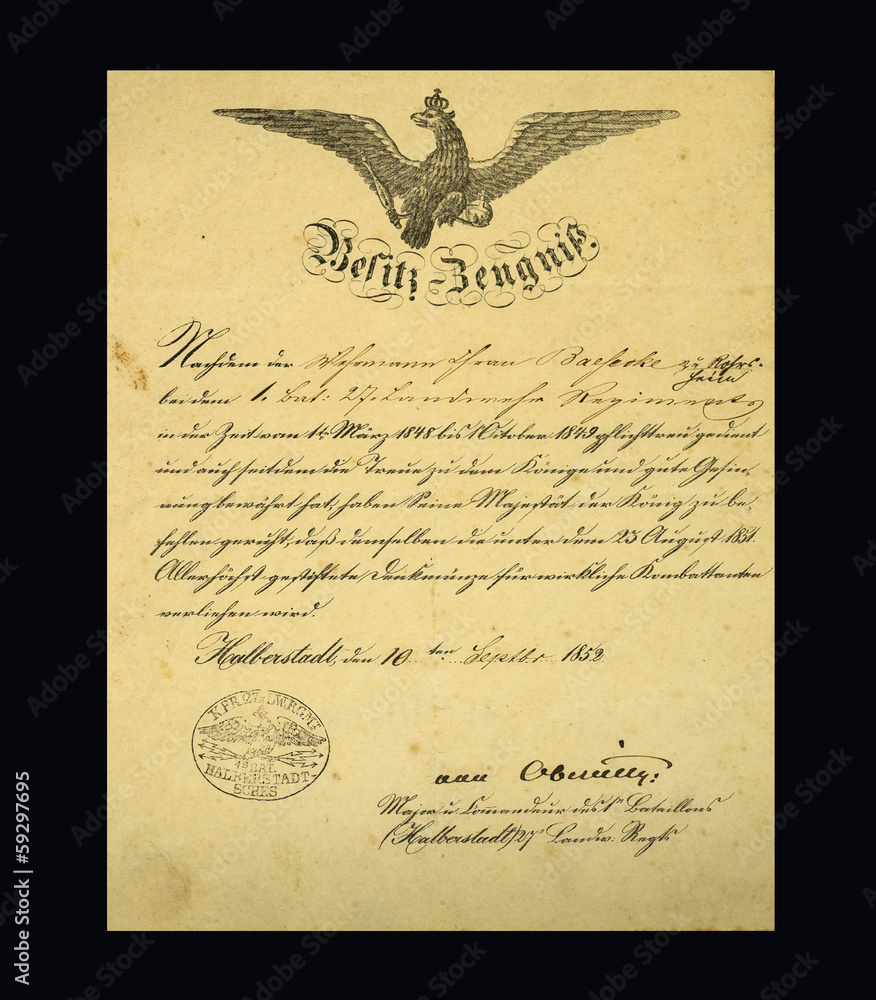 Obraz premium alte antike Urkunde, Besitzurkunde 1850