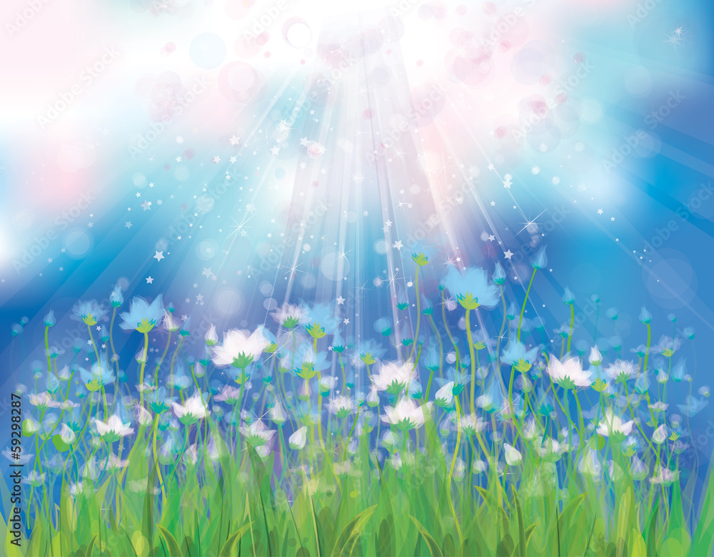 Vector sky background with blue flowers.
