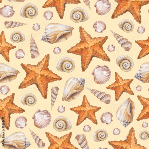 Artistic seamless pattern with watercolor shells and sea star