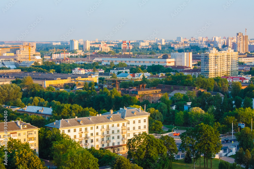 Minsk (Belarus) City Quarter With Green Parks Under Blue Sky