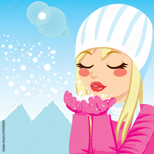 Girl Blowing Snow On Mountains