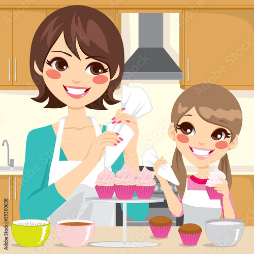 Mother and Daughter Decorating Cupcakes
