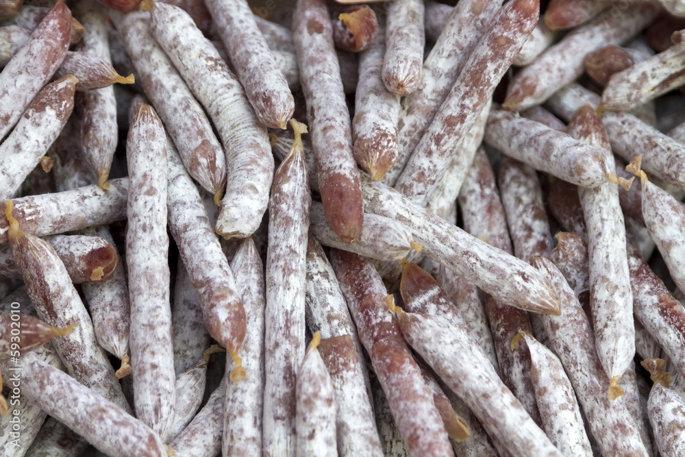 Traditional French hand-made sausage at the market Traditional French hand-made sausage at the market