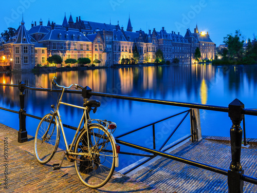 Bike on canal in The Hague close to Binnenhof