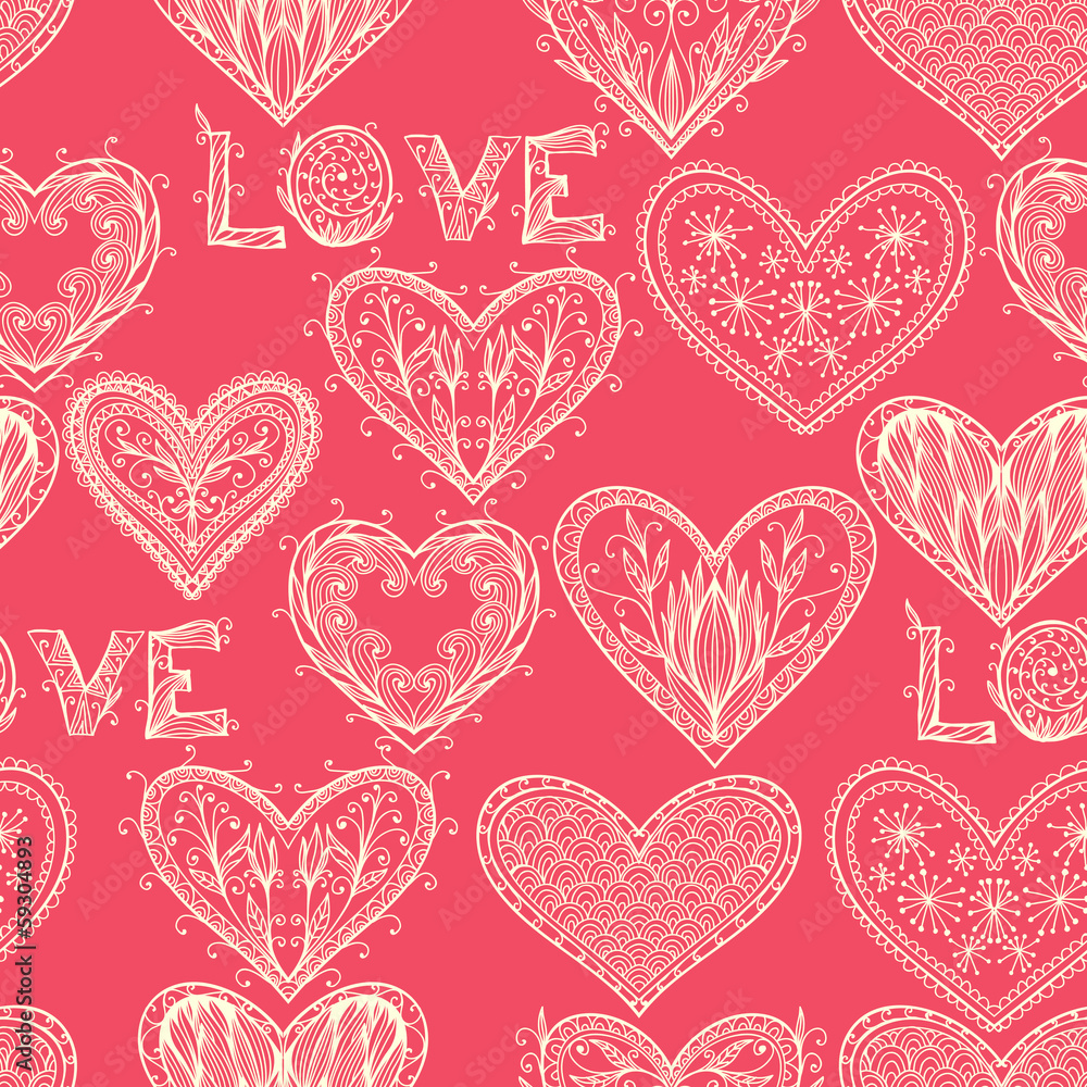 Seamless pink Valentine pattern with hand drawn ornate hearts Seamless pink Valentine pattern with hand drawn ornate hearts