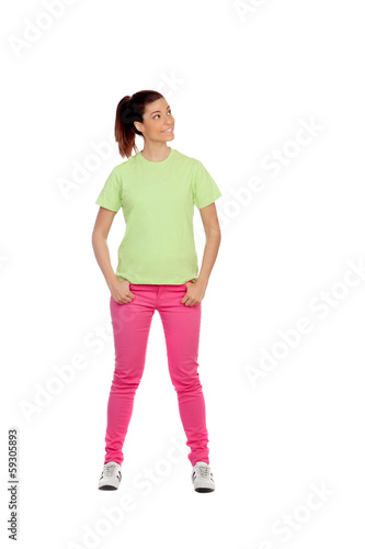 Funny pensive girl with pink jeans