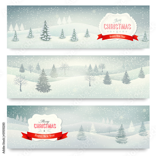 Three christmas holiday landscape banners. Vector.