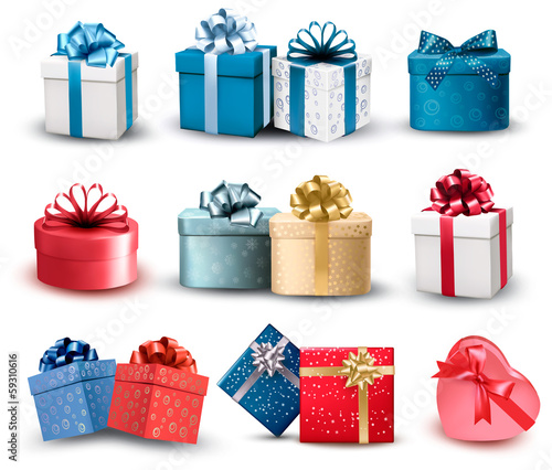 Set of colorful gift boxes with bows and ribbons. Vector illustr