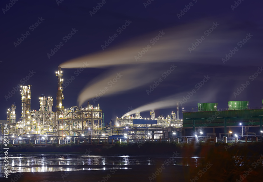 petrochemical oil refinery plant at night