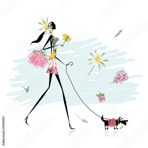Floral girl walking with dog