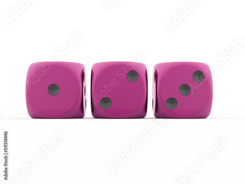 Three pink dices rendered on white