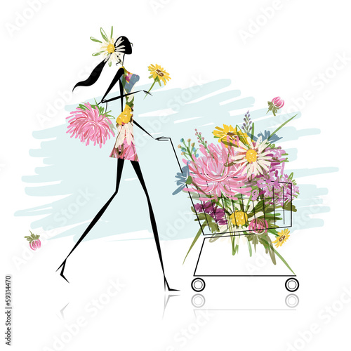 Woman with floral trolley for your design
