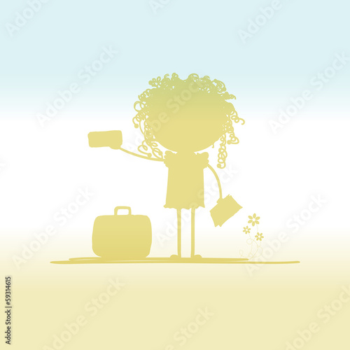 Happy tourist with tickets and suitcase for your design
