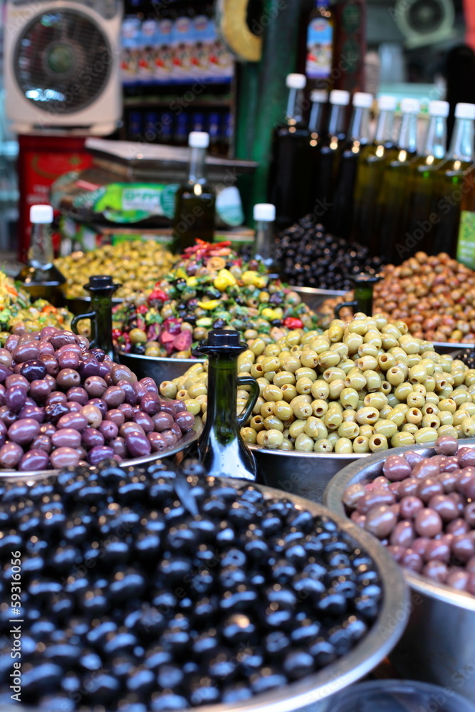 Assortment of olives on market,Tel Aviv,Israel Assortment of olives on market,Tel Aviv,Israel
