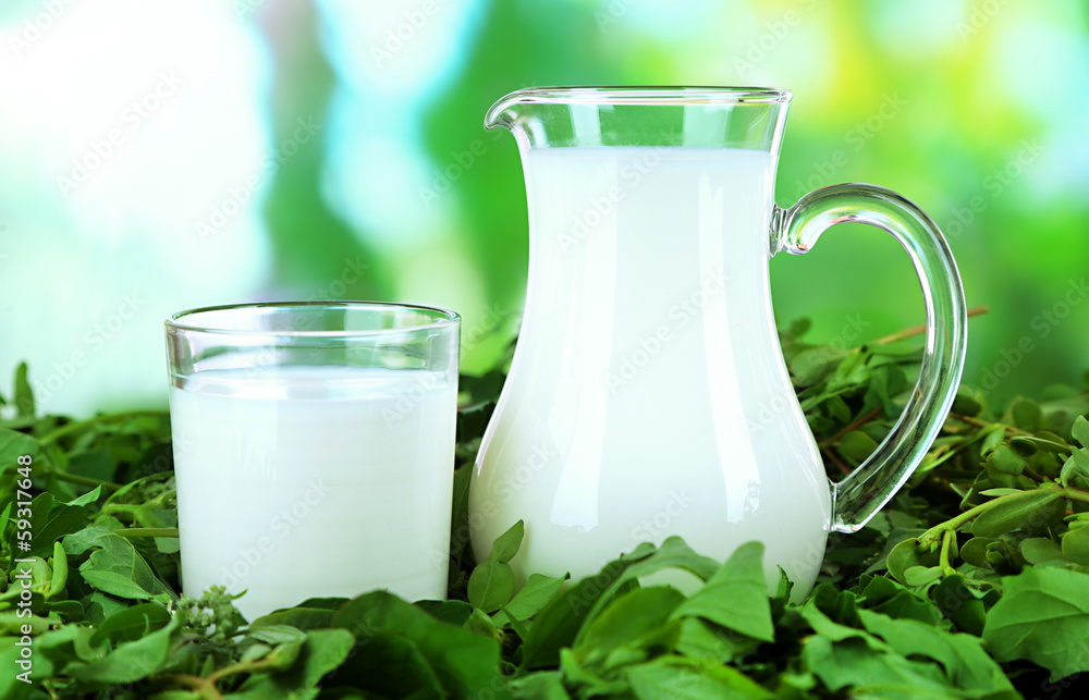 Pitcher and glass of milk on grass on nature background Pitcher and glass of milk on grass on nature background