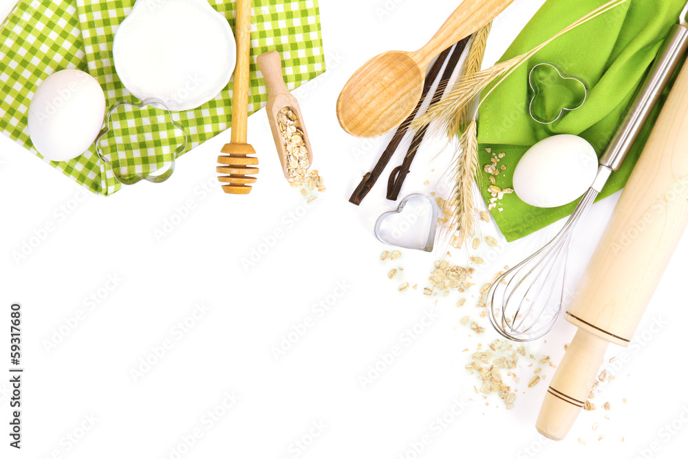 Cooking concept. Basic baking ingredients and kitchen tools Cooking concept. Basic baking ingredients and kitchen tools