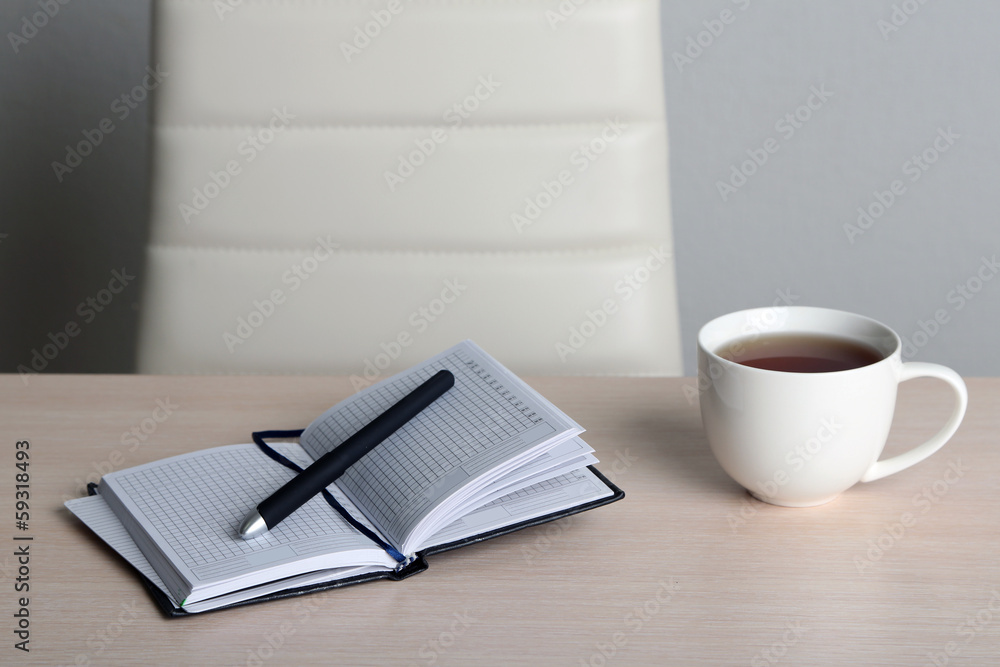 Fototapeta premium Empty workplace in office on gray background