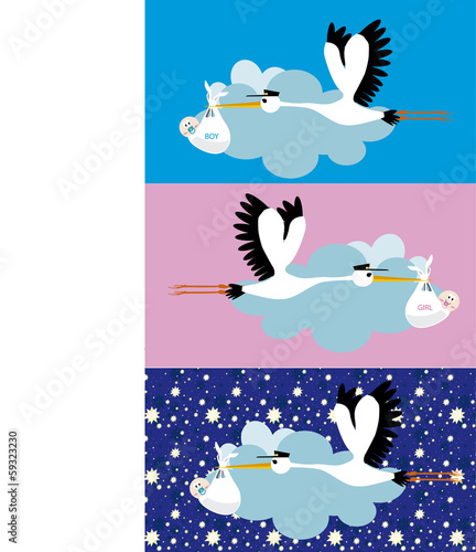 Stork delivering a newborn girl and  boy 