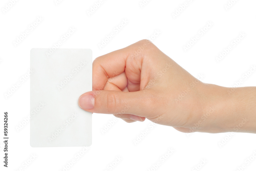 Hand holds business card on white background . Hand holds business card on white background .