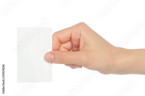 Hand holds business card on white background .