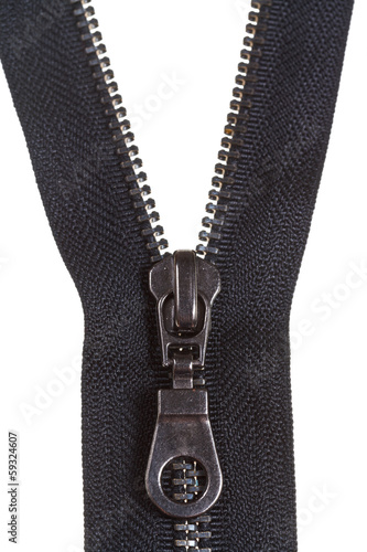 metallic black zip fastener close up