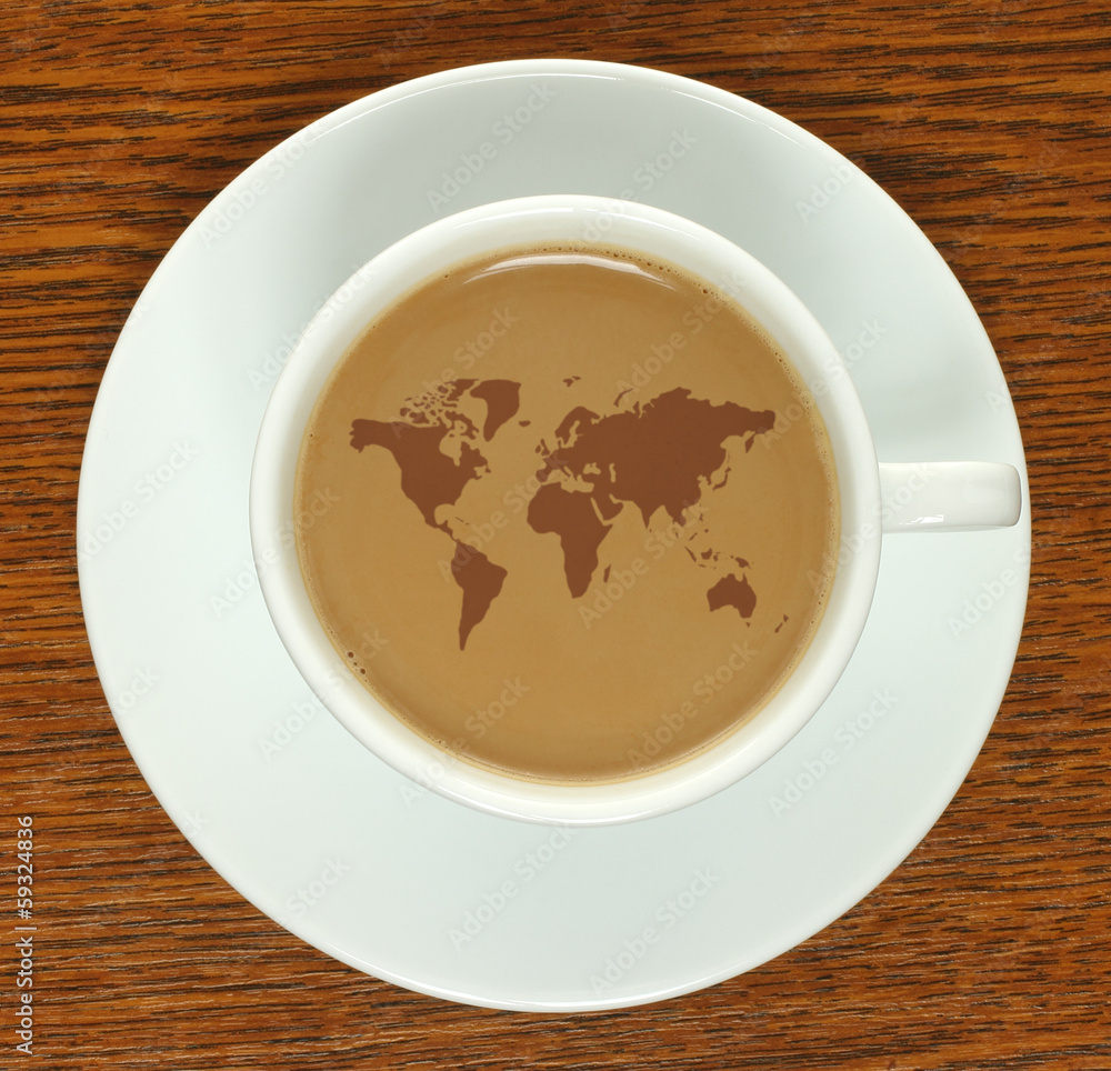 Obraz premium Coffee cup with map on a wooden background .