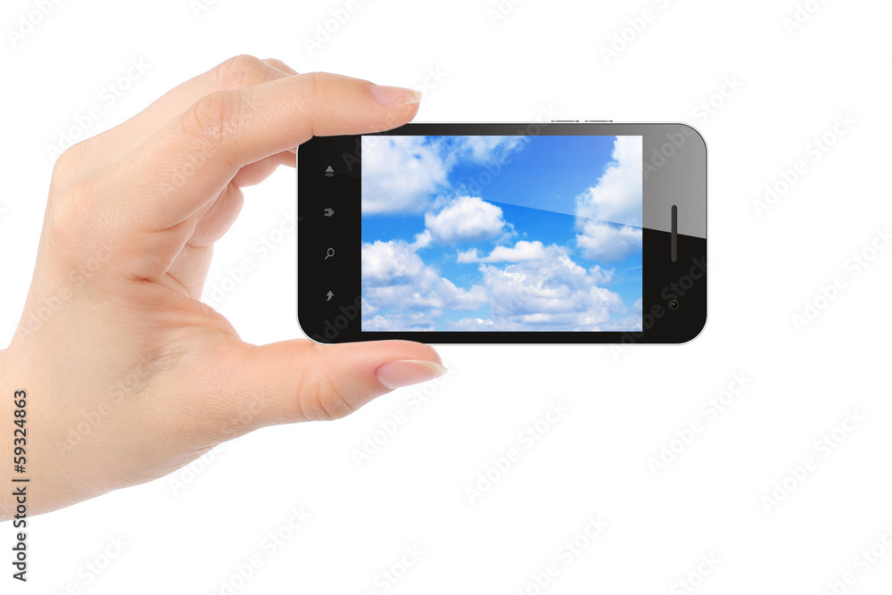 Woman hand holds smart phone with sky on white background Woman hand holds smart phone with sky on white background